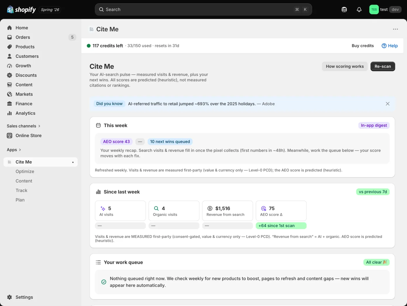 Cite Me running inside the Shopify admin
